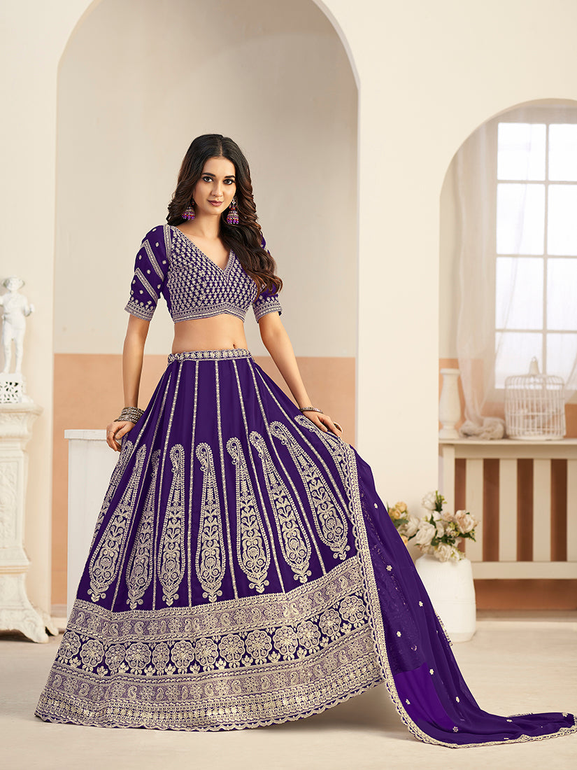Monjolika Fashion Purple Faux Georgette Embroidered Lehenga Choli