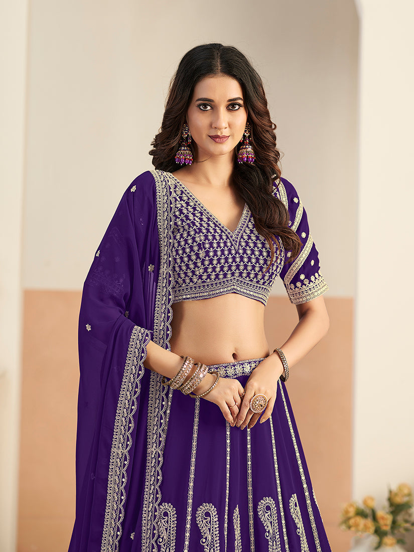 Monjolika Fashion Purple Faux Georgette Embroidered Lehenga Choli