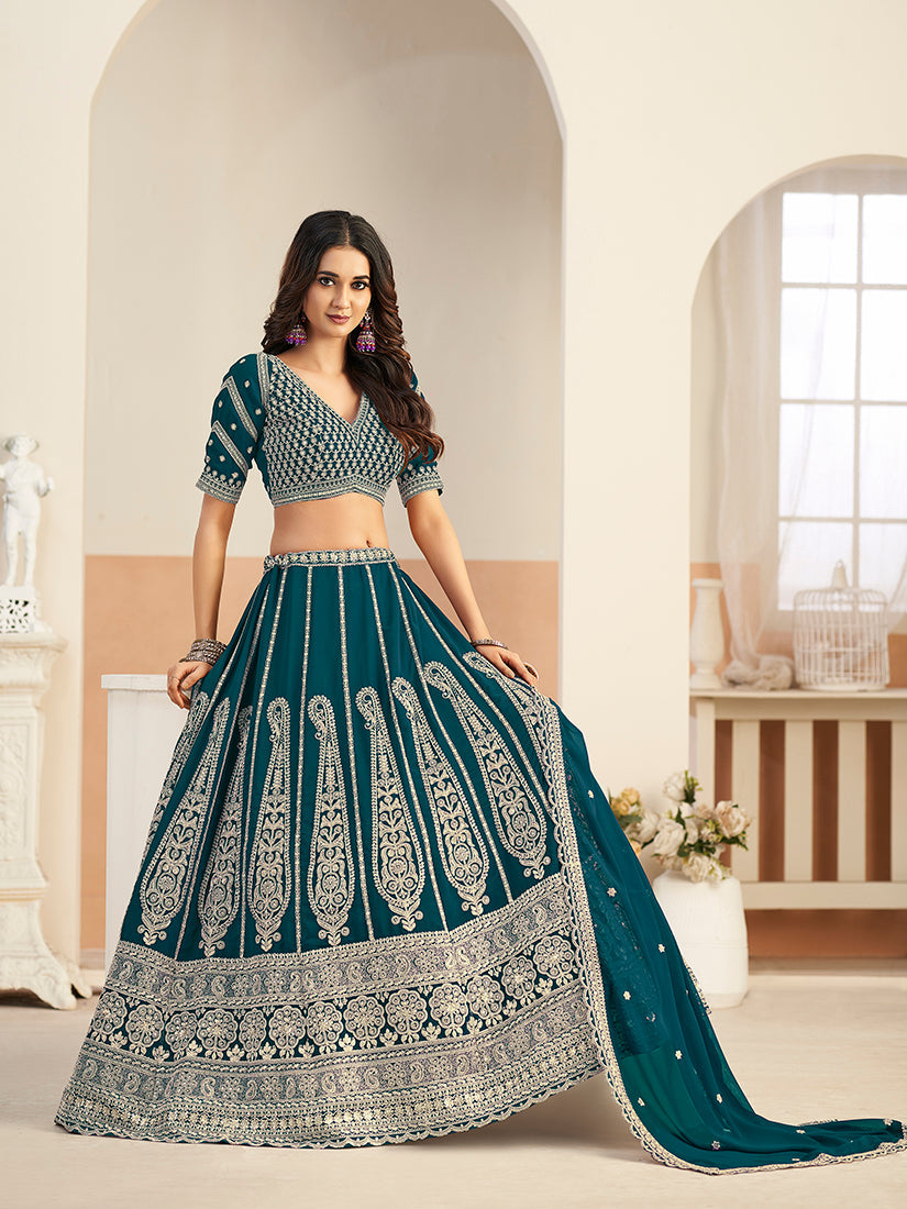 Monjolika Fashion Teal Blue Faux Georgette Embroidered Lehenga Choli