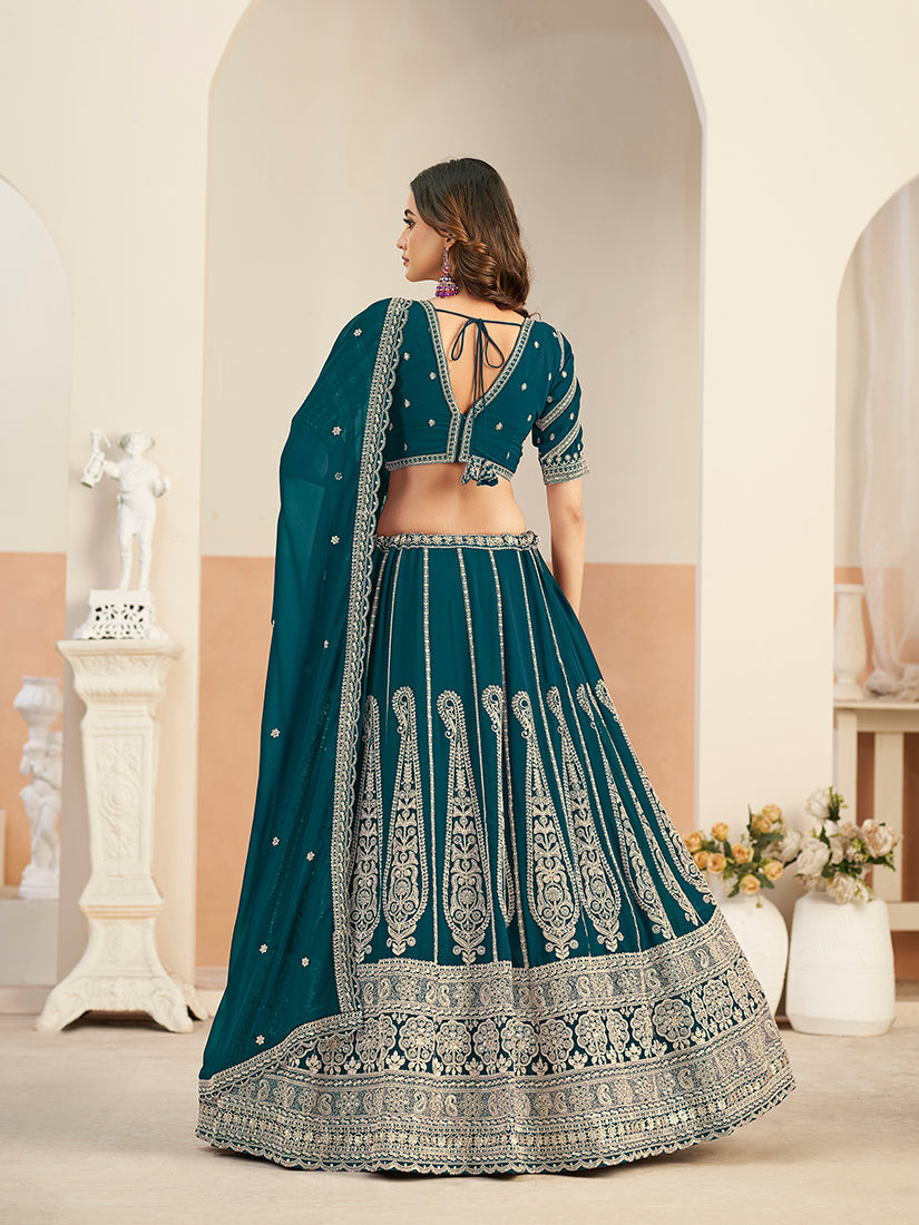 Monjolika Fashion Teal Blue Faux Georgette Embroidered Lehenga Choli