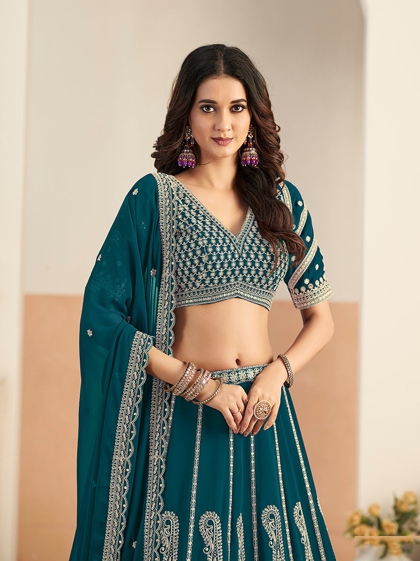 Monjolika Fashion Teal Blue Faux Georgette Embroidered Lehenga Choli