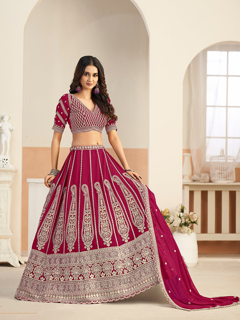 Monjolika Fashion Rani Pink Faux Georgette Embroidered Lehenga Choli