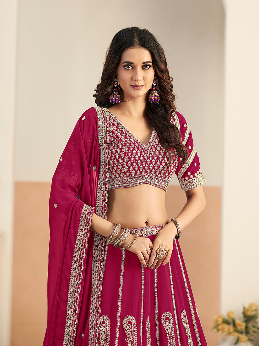 Monjolika Fashion Rani Pink Faux Georgette Embroidered Lehenga Choli