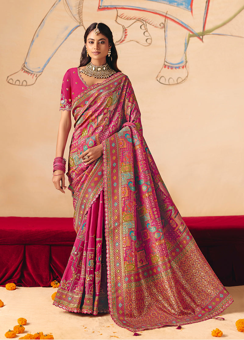 Monjolika Fashion Rani Pink Embroidered Silk Blend Saree