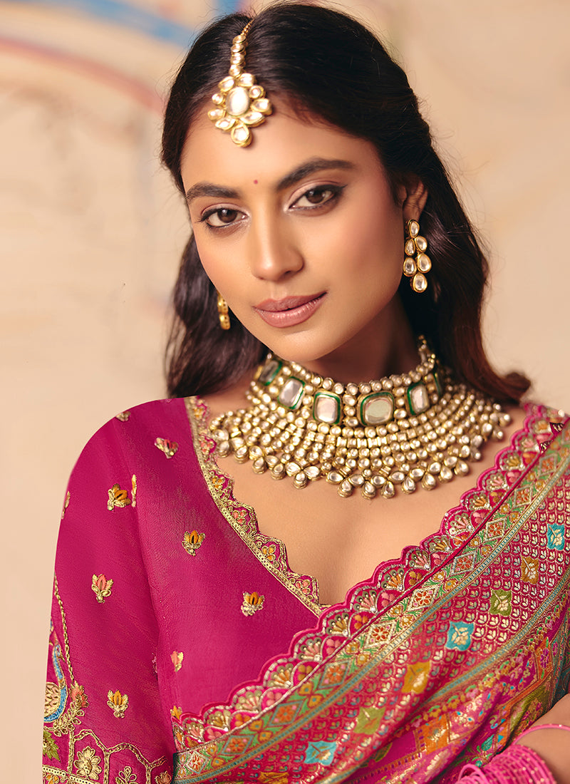 Monjolika Fashion Rani Pink Embroidered Silk Blend Saree