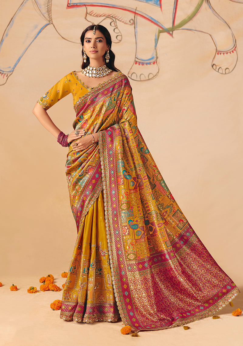 Monjolika Fashion Mustard Embroidered Silk Blend Saree