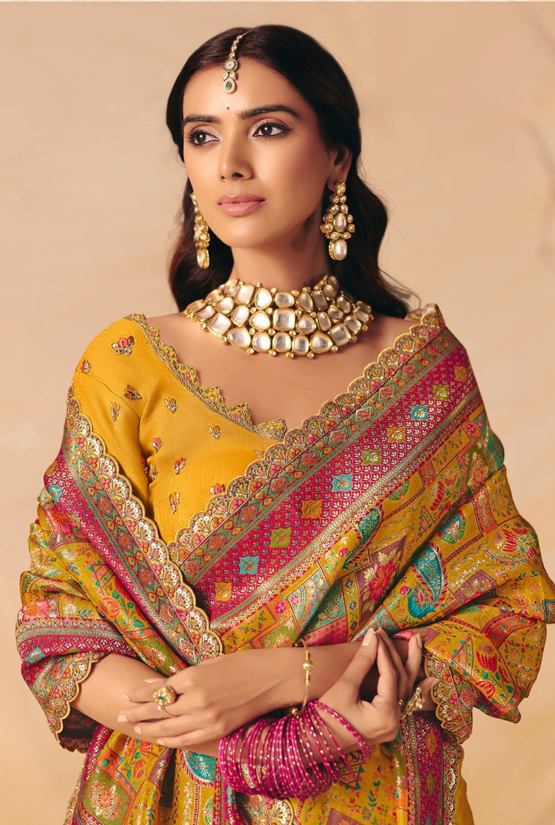 Monjolika Fashion Mustard Embroidered Silk Blend Saree