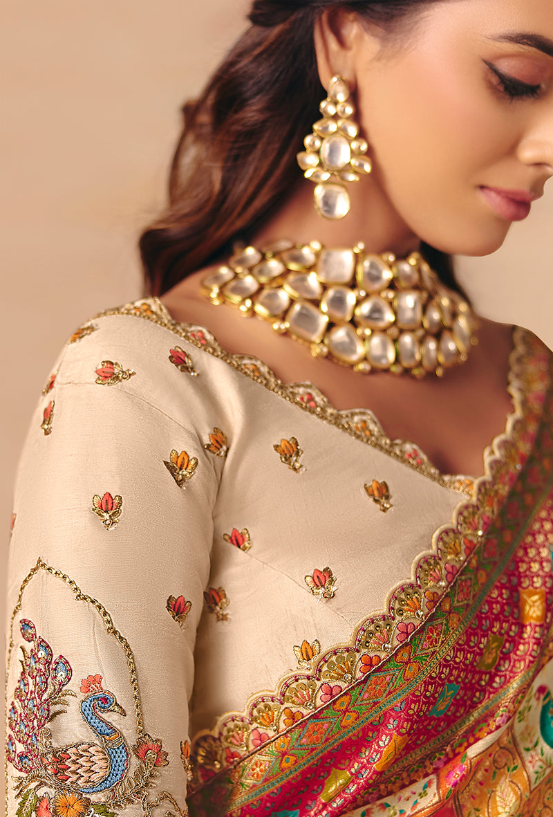 Monjolika Fashion Cream Embroidered Silk Blend Saree