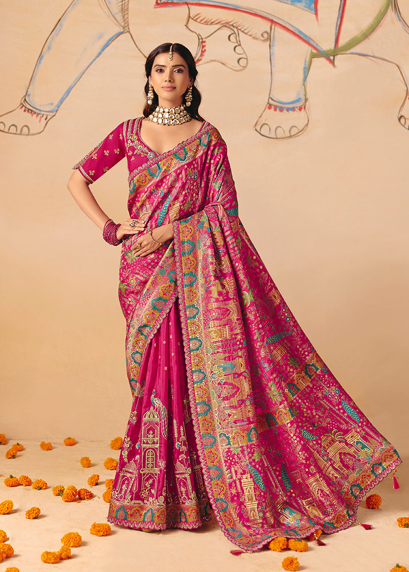 Monjolika Fashion Rani Pink Embroidered Silk Blend Saree