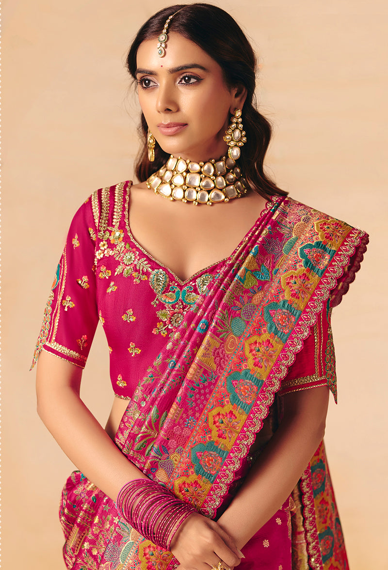 Monjolika Fashion Rani Pink Embroidered Silk Blend Saree