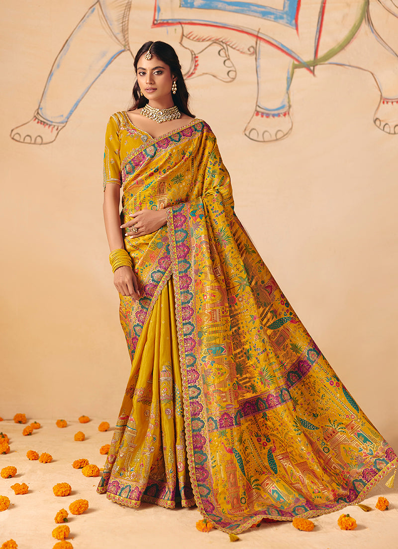 Monjolika Fashion Mustard Embroidered Silk Blend Saree