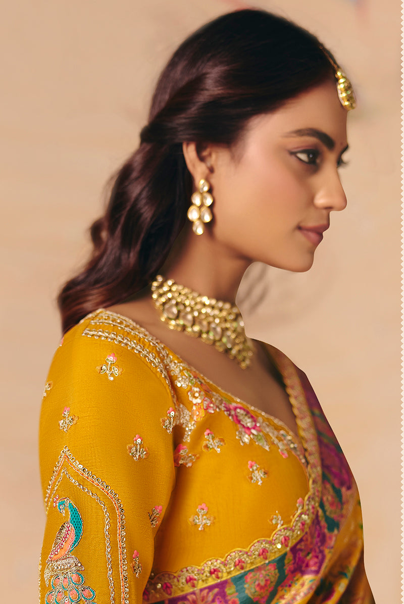 Monjolika Fashion Mustard Embroidered Silk Blend Saree