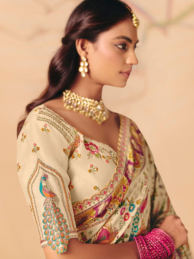 Monjolika Fashion Cream Embroidered Silk Blend Saree