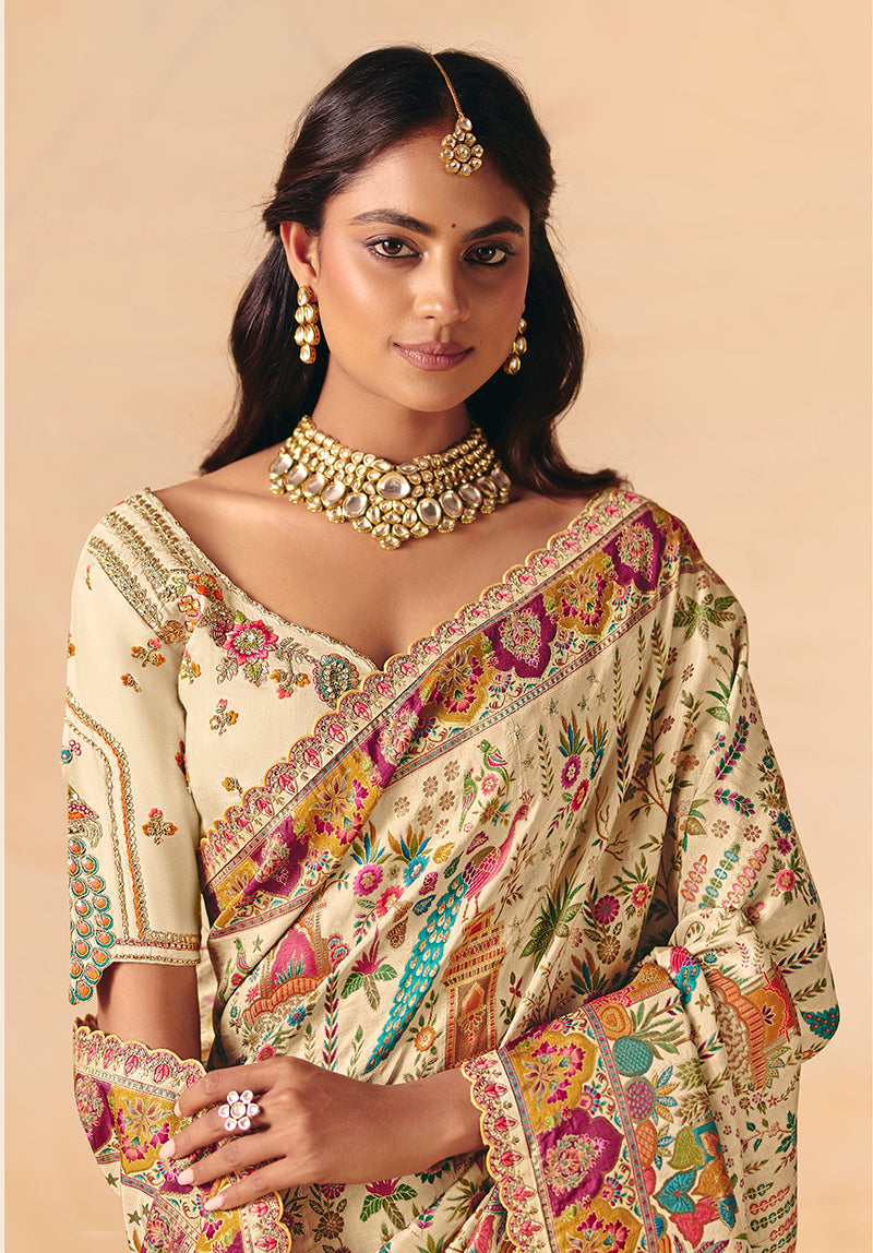 Monjolika Fashion Cream Embroidered Silk Blend Saree