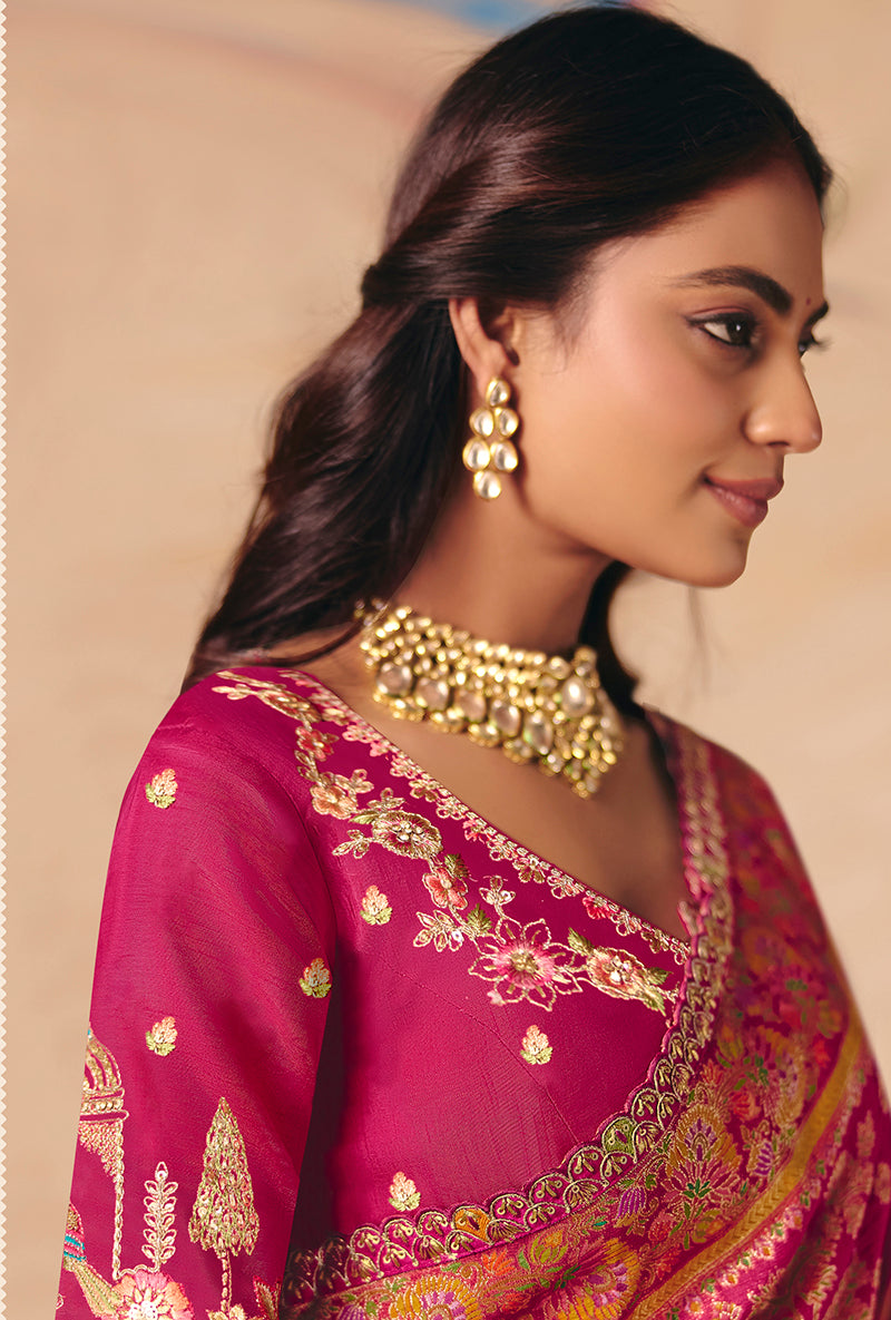 Monjolika Fashion Rani Pink Embroidered Silk Blend Saree