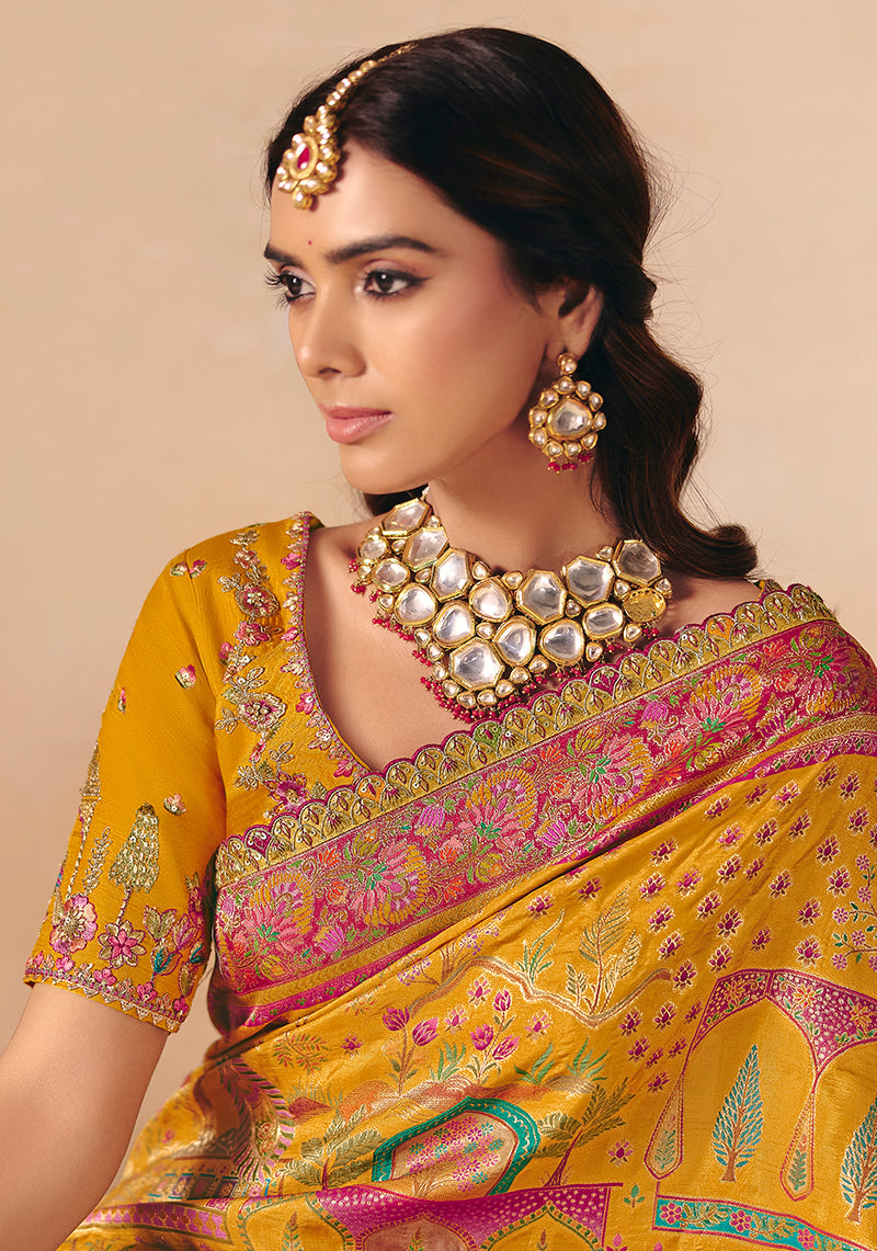 Monjolika Fashion Mustard Embroidered Silk Blend Saree