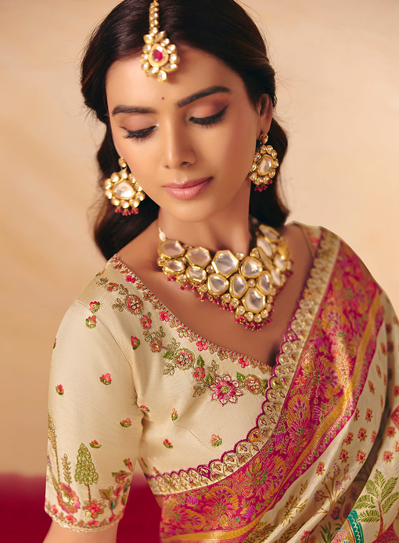 Monjolika Fashion Cream Embroidered Silk Blend Saree