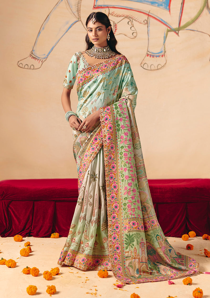 Monjolika Fashion Aqua Blue Embroidered Silk Blend Saree