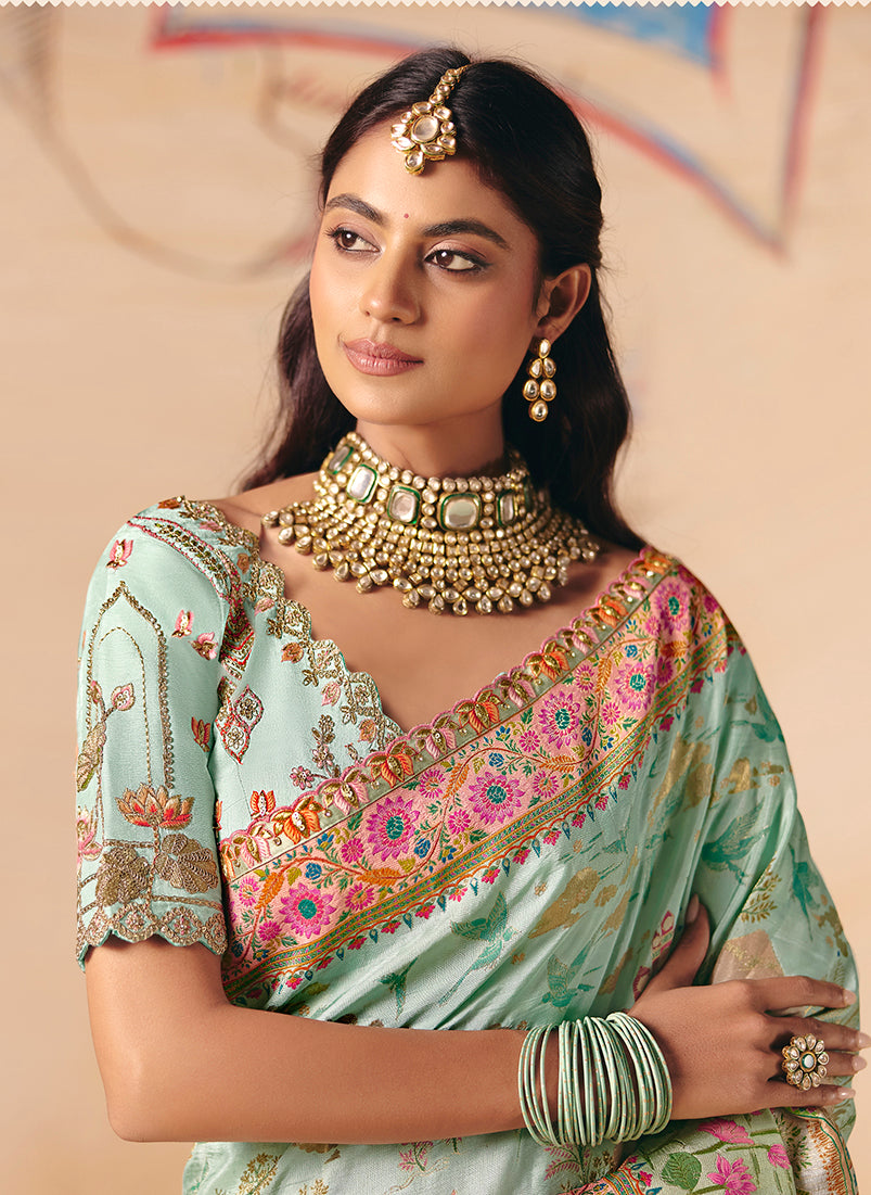 Monjolika Fashion Aqua Blue Embroidered Silk Blend Saree