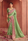 Monjolika Fashion Sea Green Silk Blend Embroidered Saree