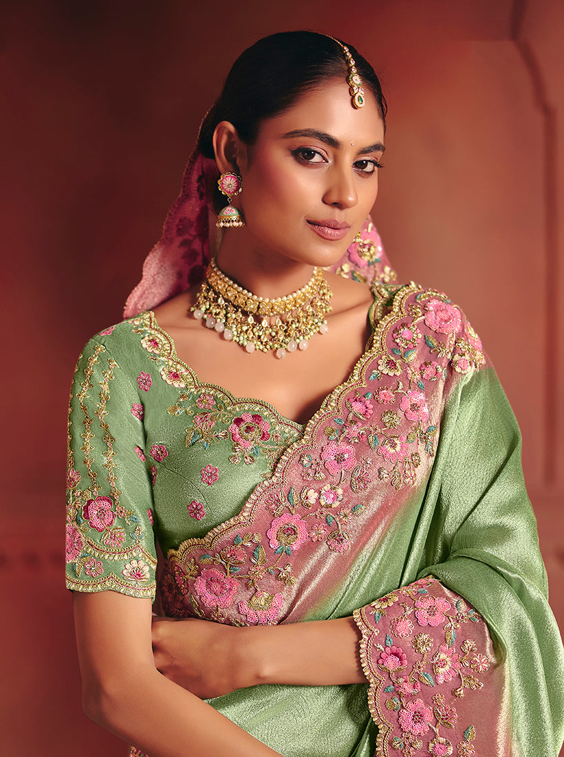 Monjolika Fashion Sea Green Silk Blend Embroidered Saree