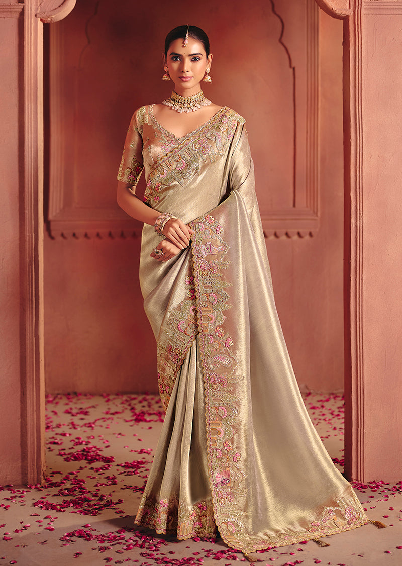 Monjolika Fashion Beige Silk Blend Embroidered Saree