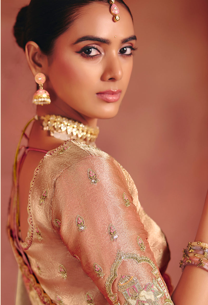 Monjolika Fashion Beige Silk Blend Embroidered Saree
