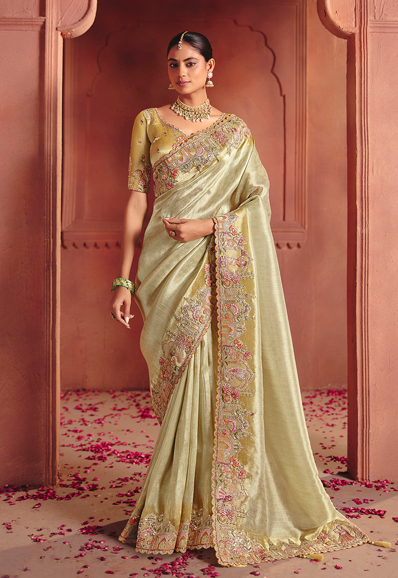 Monjolika Fashion Pista Green Silk Blend Embroidered Saree