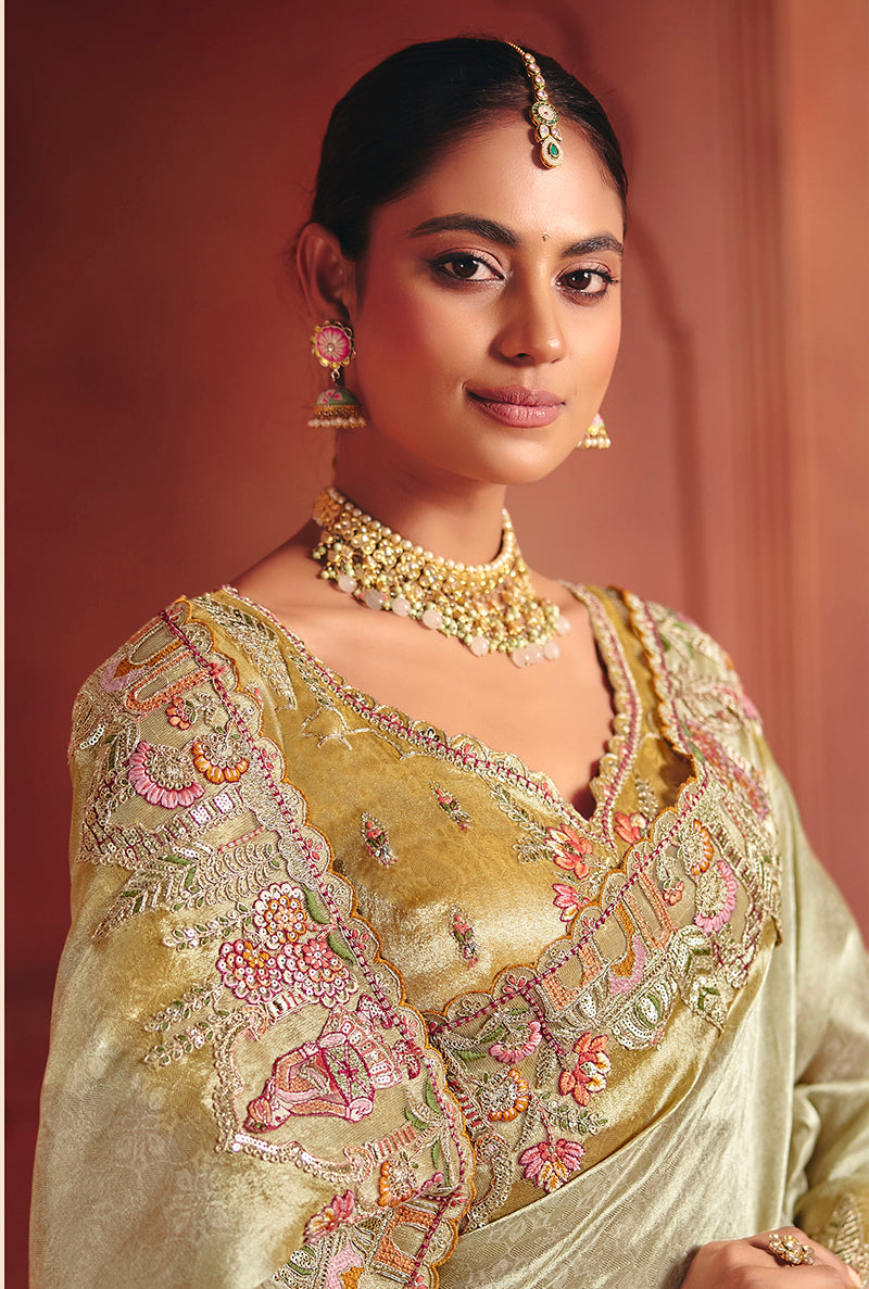Monjolika Fashion Pista Green Silk Blend Embroidered Saree