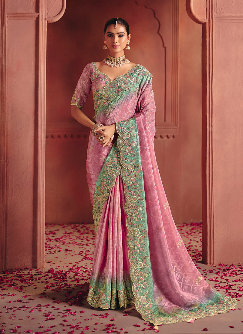 Monjolika Fashion Pink Silk Blend Embroidered Saree