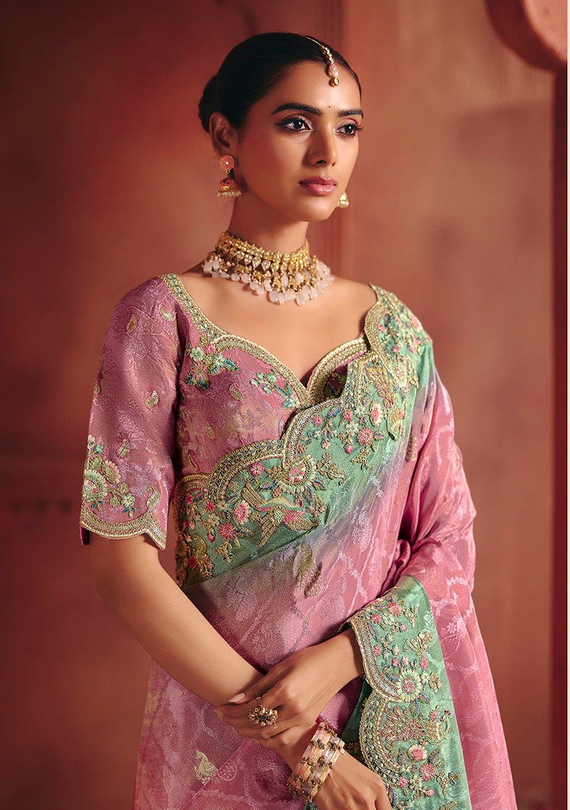 Monjolika Fashion Pink Silk Blend Embroidered Saree