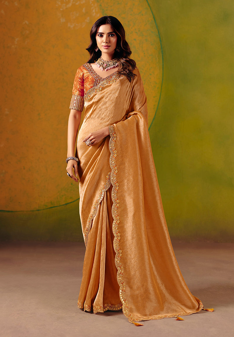 Monjolika Fashion Peach Embroidered Silk Blend Saree