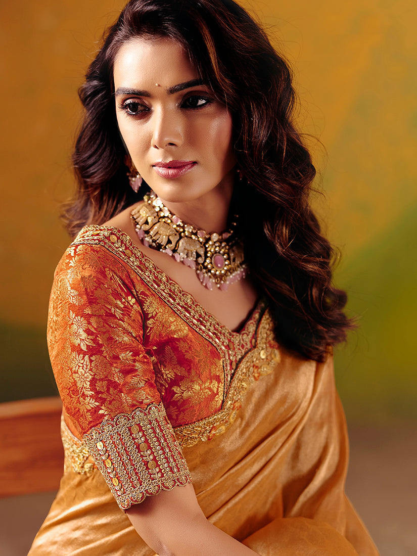 Monjolika Fashion Peach Embroidered Silk Blend Saree