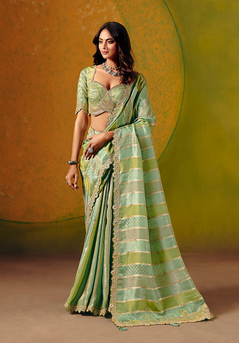 Monjolika Fashion Sea Green Embroidered Jacquard Saree