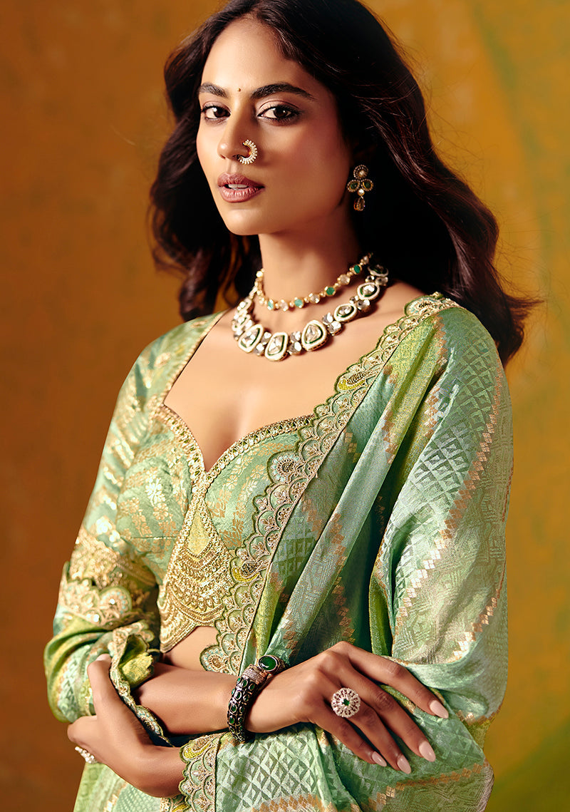 Monjolika Fashion Sea Green Embroidered Jacquard Saree