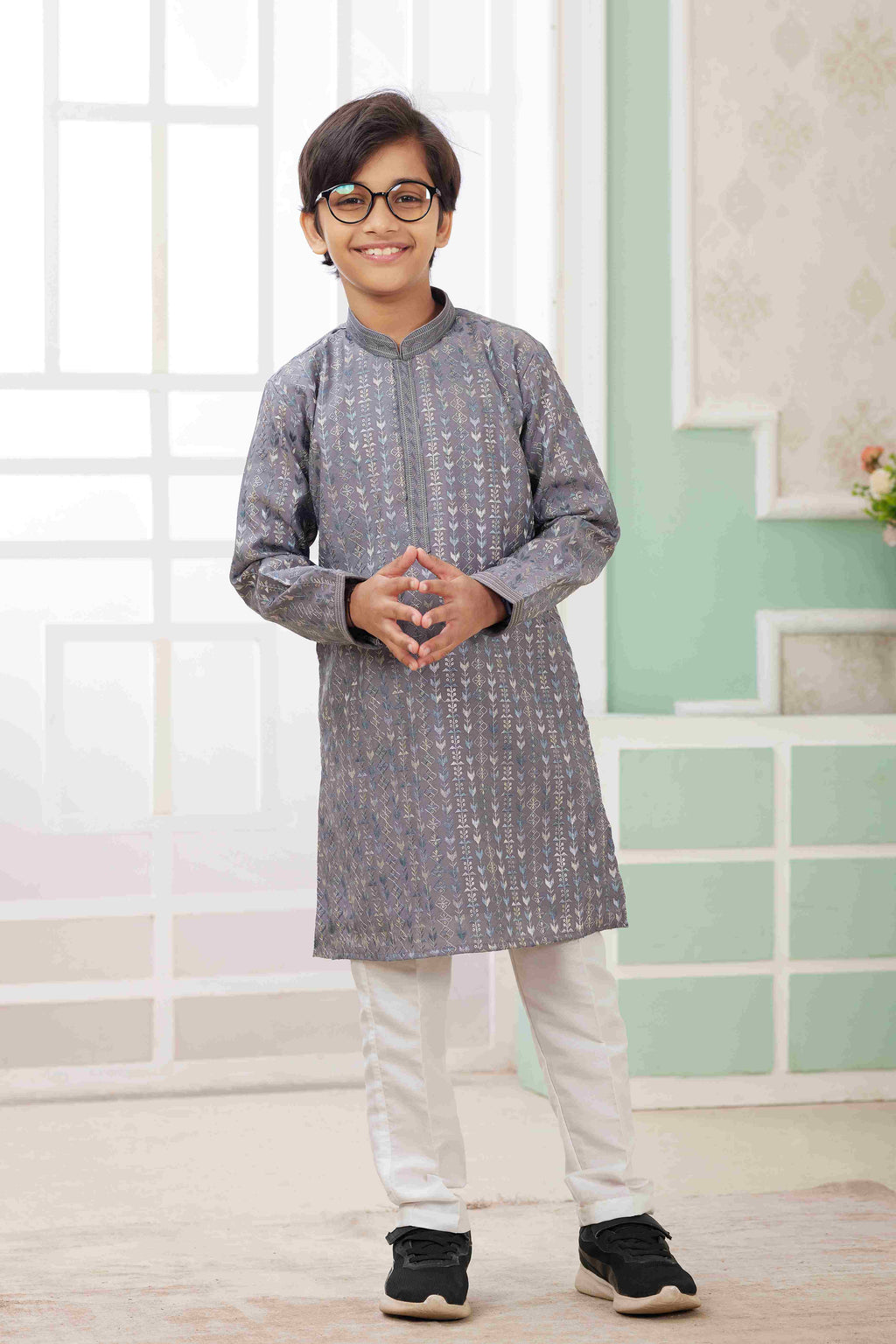 Raivat Ethnic Art Silk Embroidery Work Kids Kurta Pajama In Grey Colour