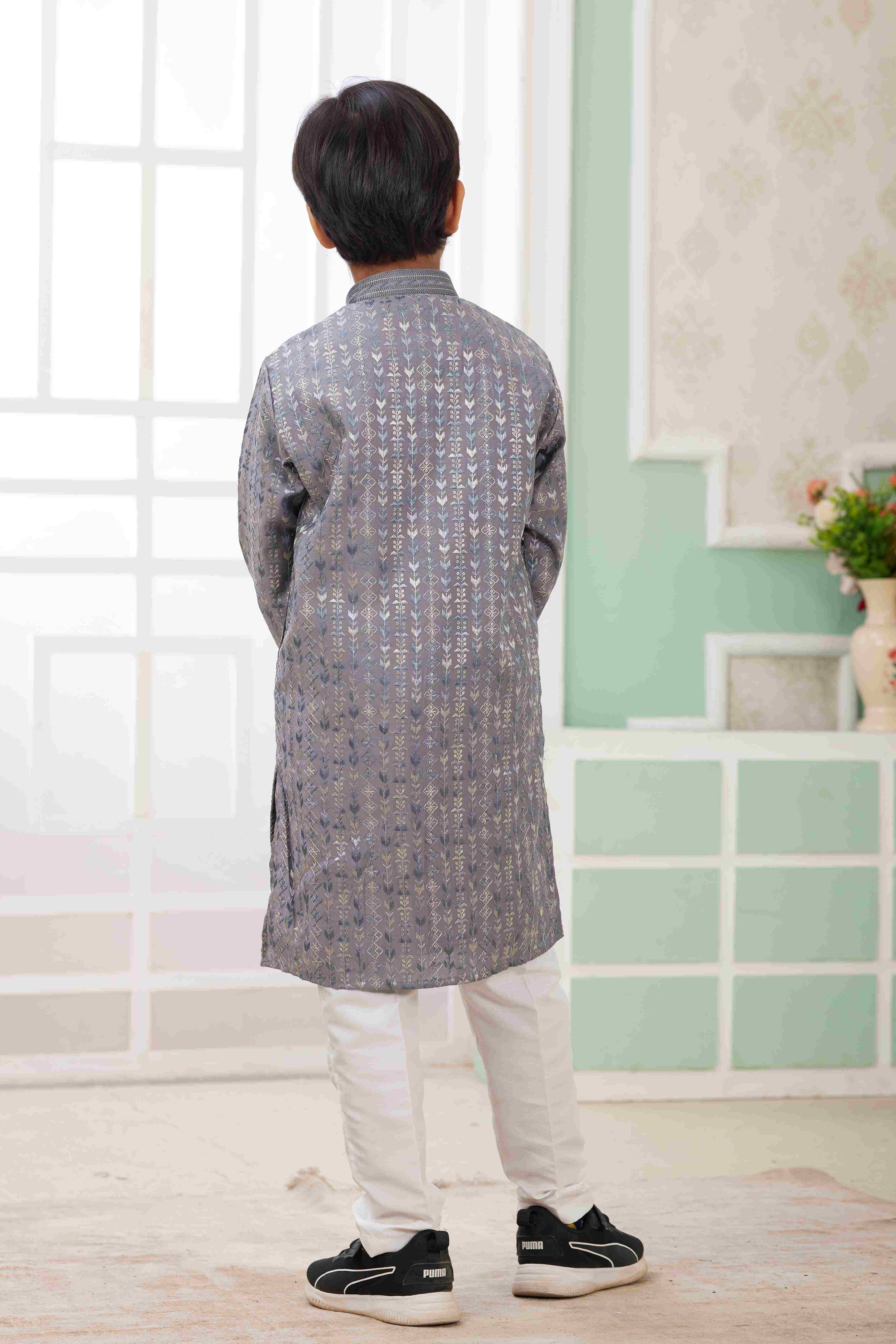 Raivat Ethnic Art Silk Embroidery Work Kids Kurta Pajama In Grey Colour