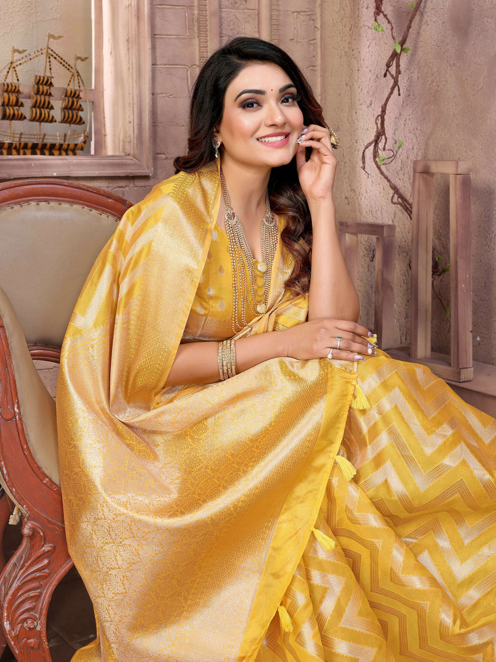 Aastha Fashion Yellow Soft Organza Silk Weaving Saree