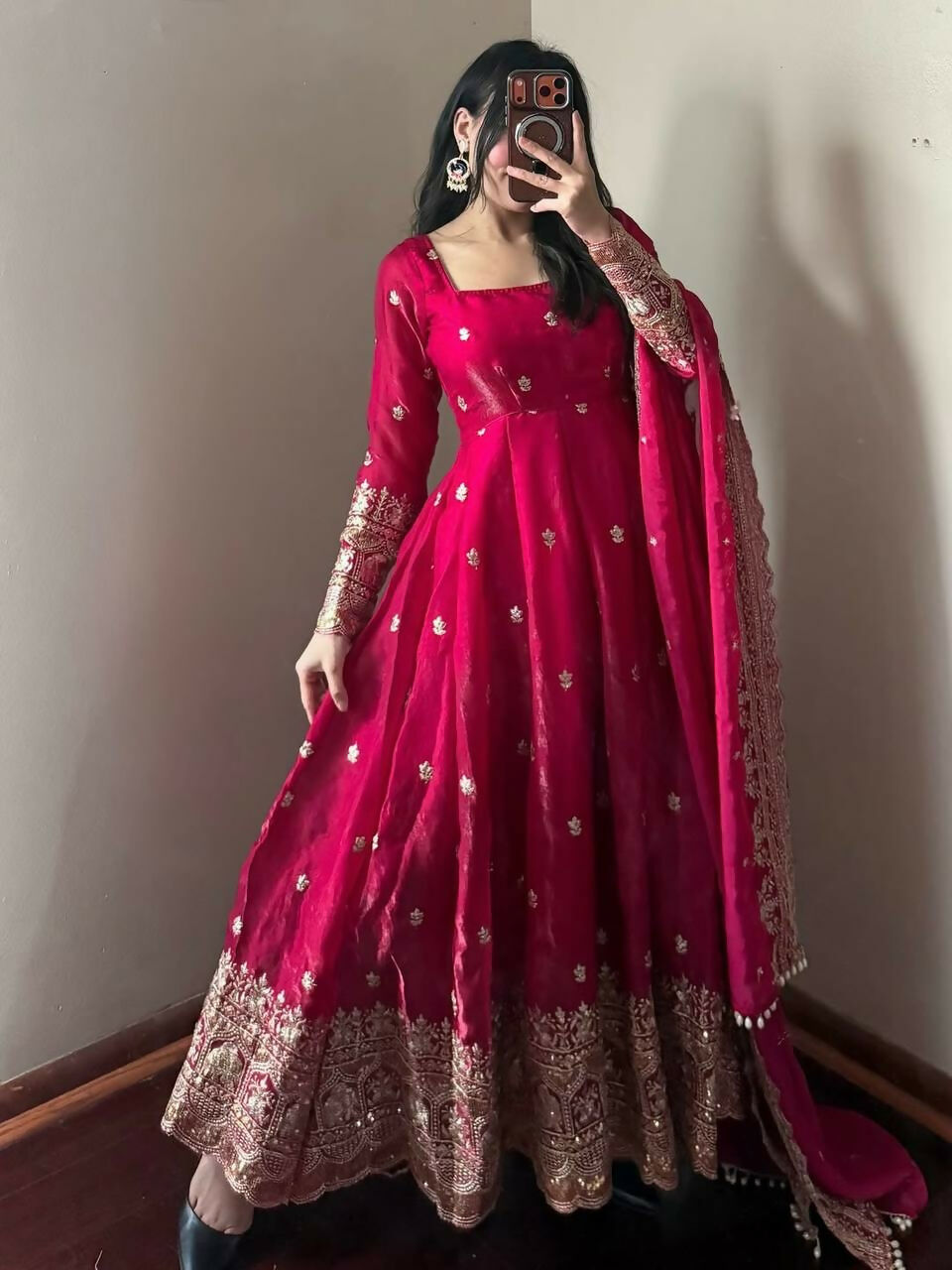 Teeya Creation Red Fendy Silk Designer Heavy Work Wedding Wear Long Gown