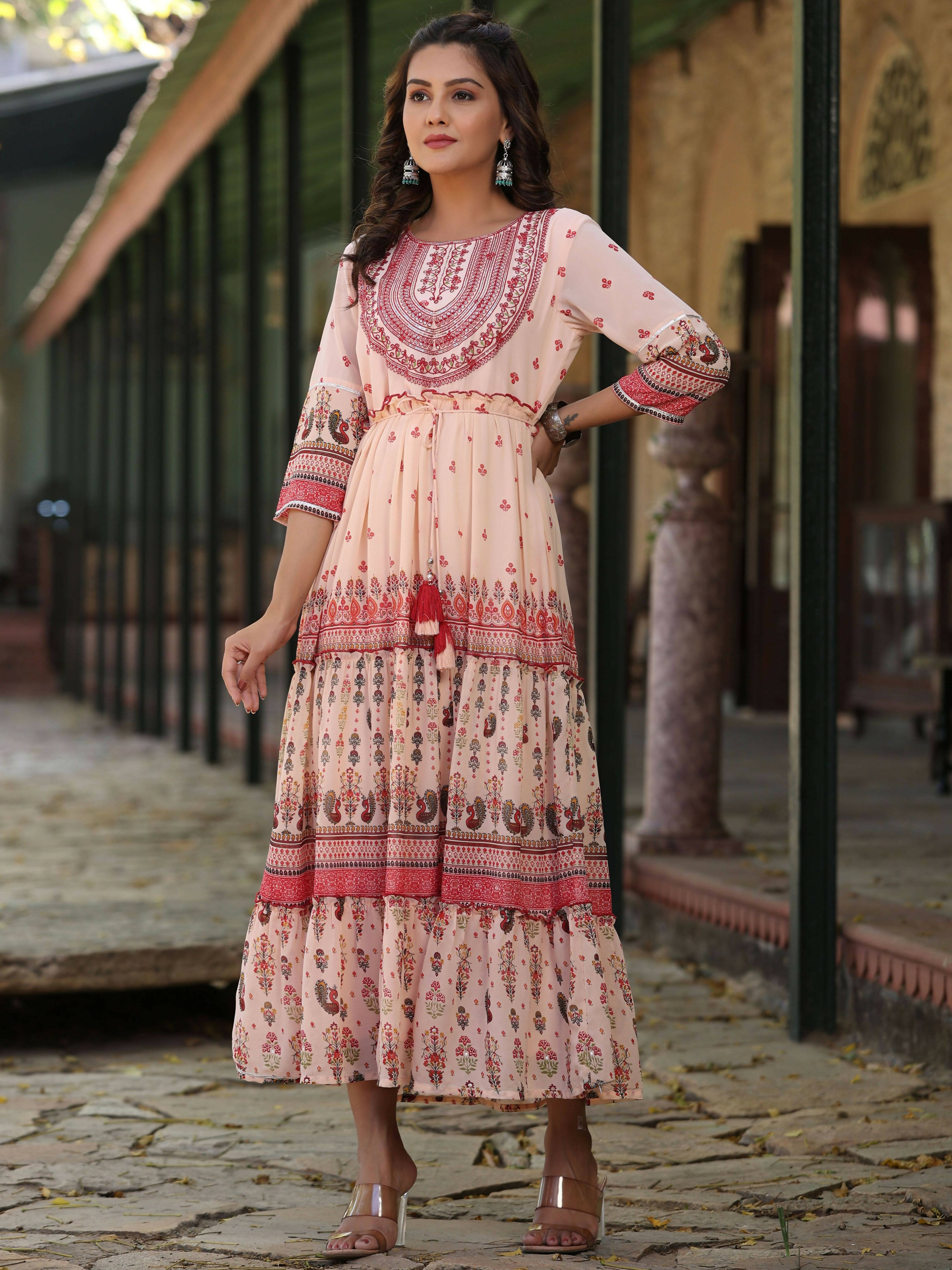 Juniper Women's Peach Georgette Floral Embroderied Maxi Dress