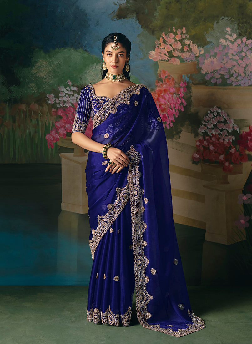 Monjolika Fashion Fancy Fabric Embroidered Saree in Royal Blue