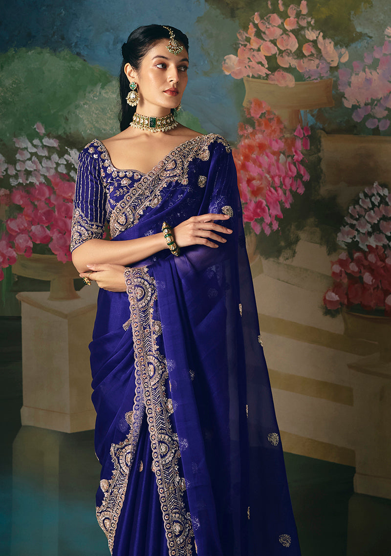 Monjolika Fashion Fancy Fabric Embroidered Saree in Royal Blue