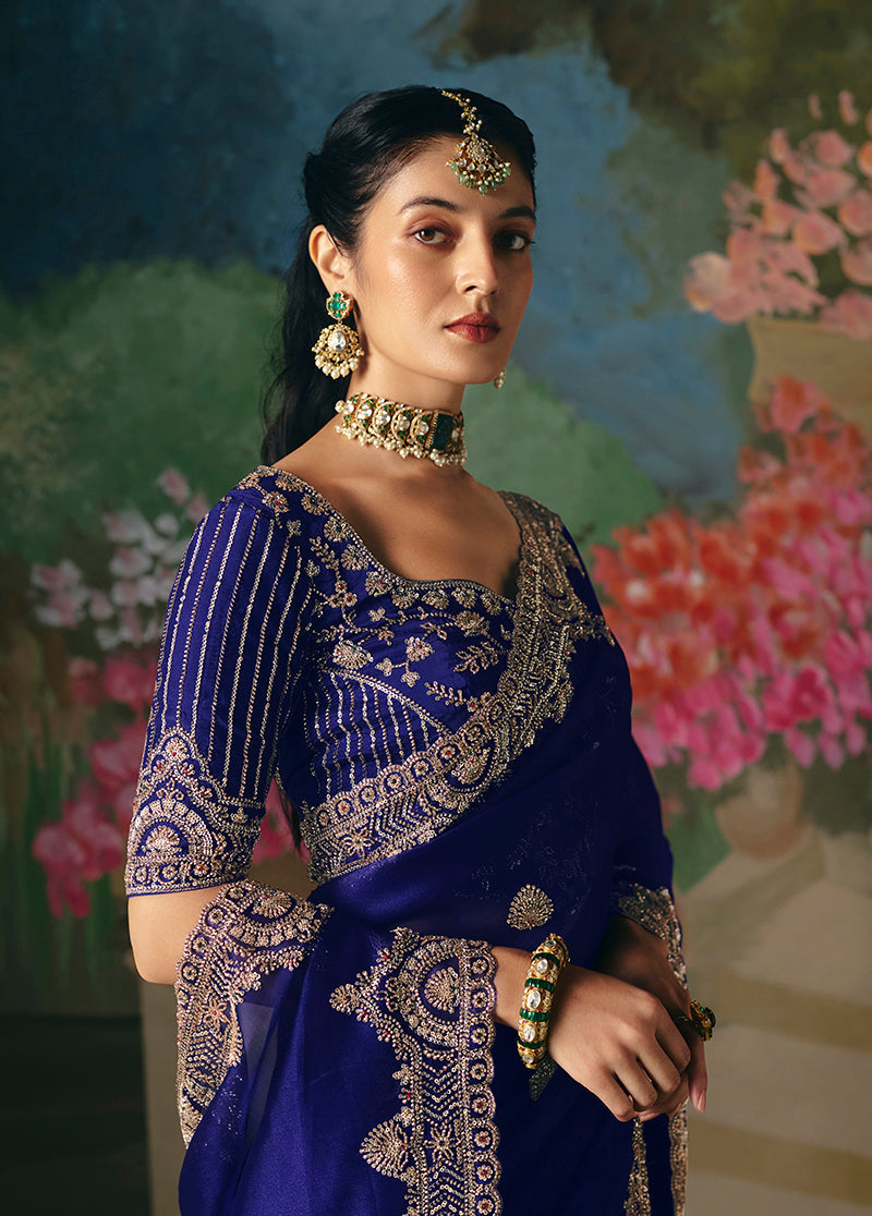 Monjolika Fashion Fancy Fabric Embroidered Saree in Royal Blue