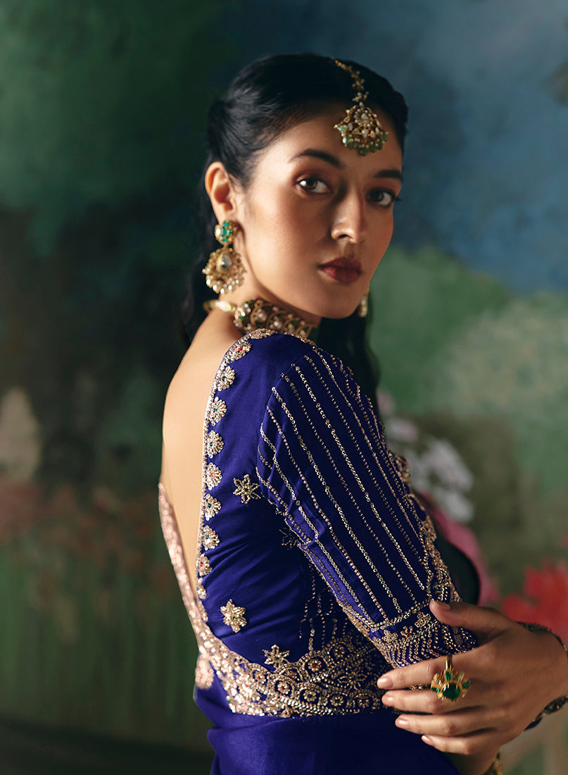 Monjolika Fashion Fancy Fabric Embroidered Saree in Royal Blue