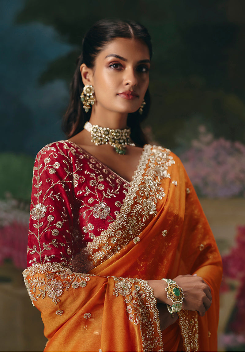 Monjolika Fashion Fancy Fabric Embroidered Saree in Orange