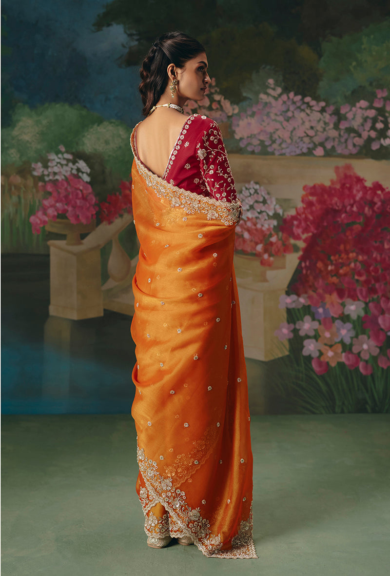 Monjolika Fashion Fancy Fabric Embroidered Saree in Orange