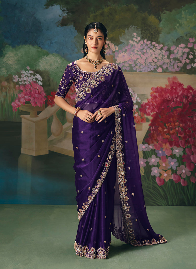 Monjolika Fashion Fancy Fabric Embroidered Saree in Purple