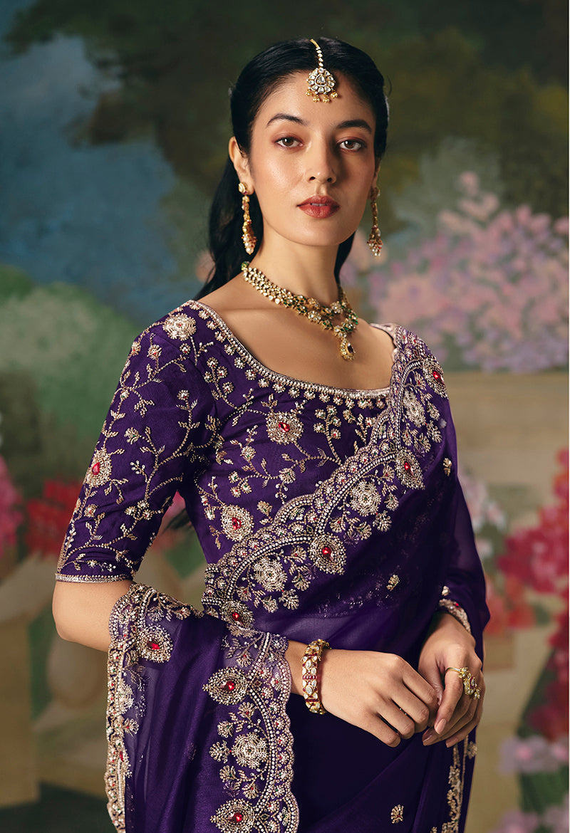 Monjolika Fashion Fancy Fabric Embroidered Saree in Purple
