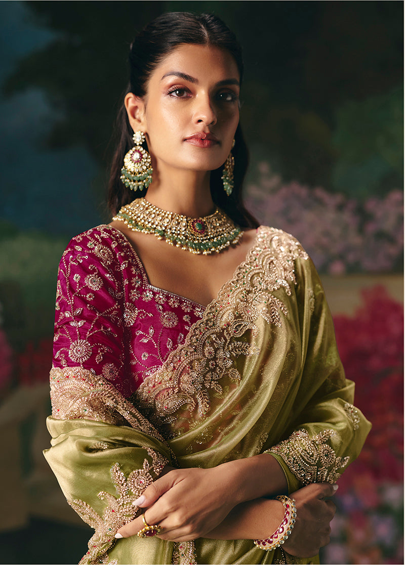 Monjolika Fashion Fancy Fabric Embroidered Saree in Pista Green