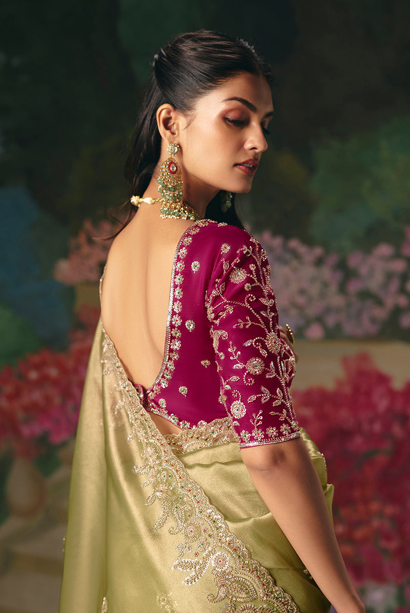 Monjolika Fashion Fancy Fabric Embroidered Saree in Pista Green